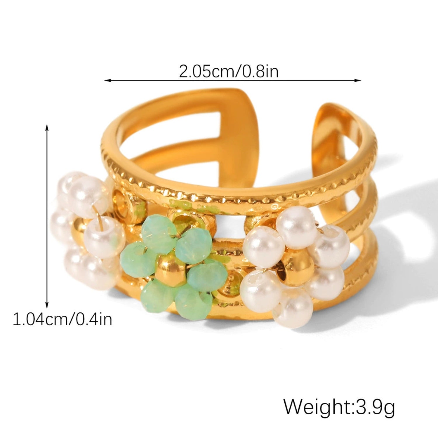 Triple Flower Gold Wide Cuff Ring with Pearl & Mint Accents JLTR0656