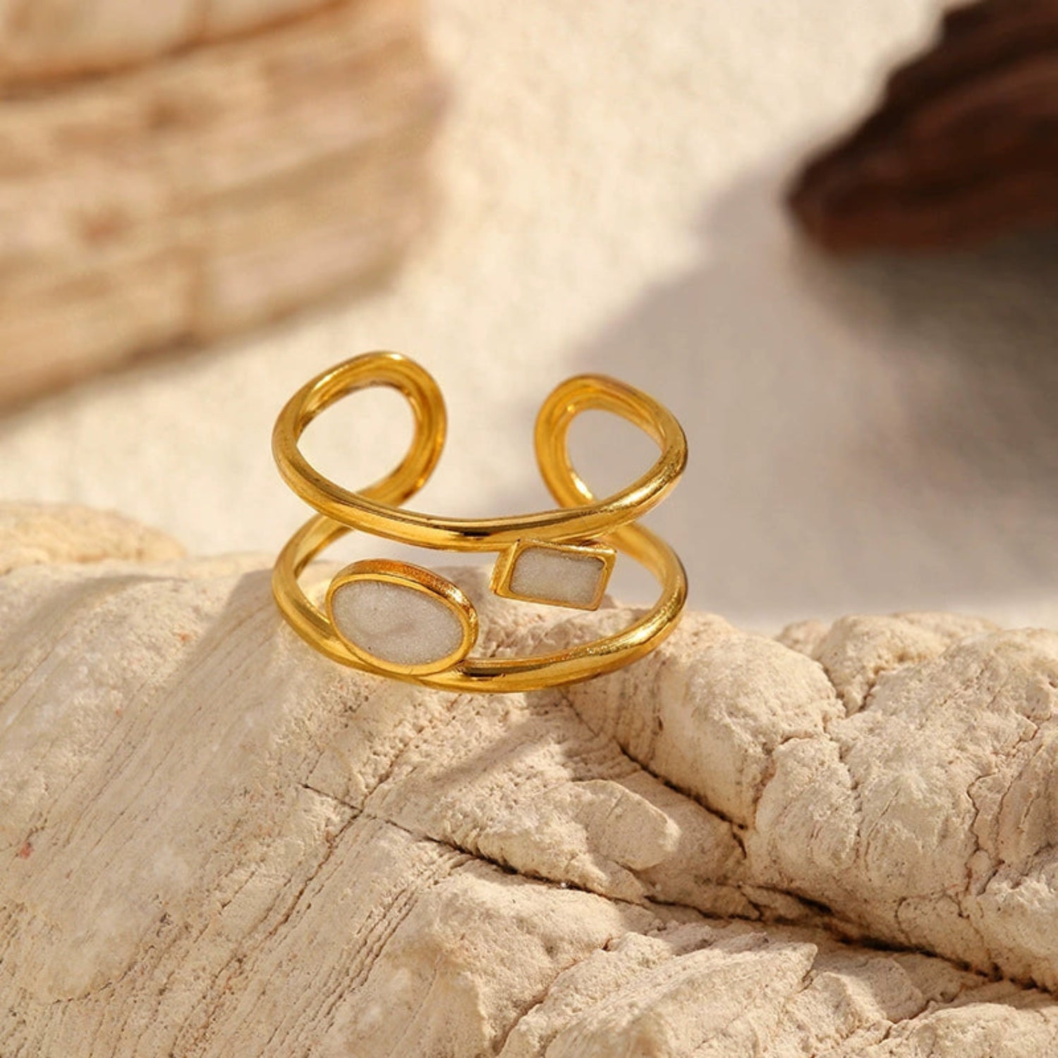 18k Gold Plated Dual-Band Inlaid Geometric Ring JLTR0665