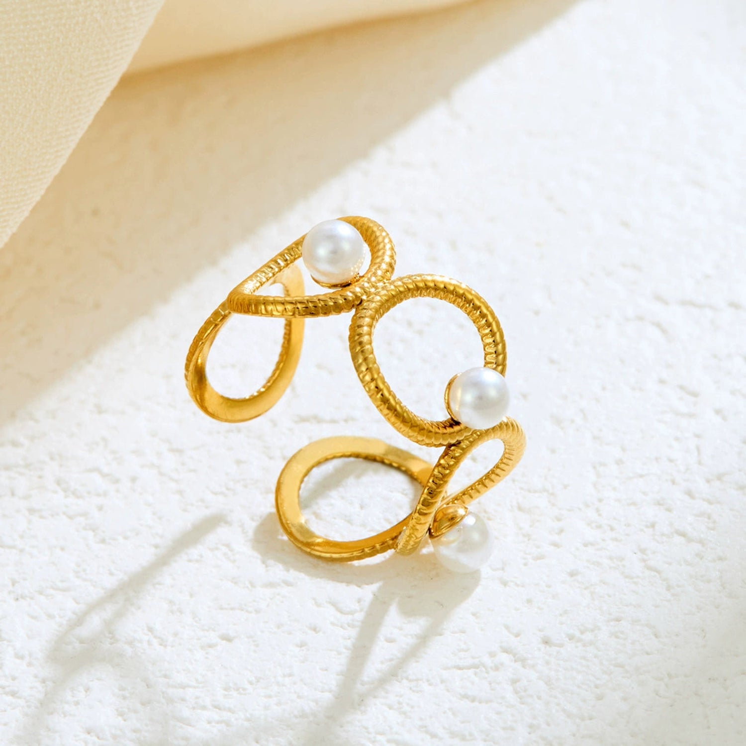 Gold Textured Pearl Open Ring JLTR0669