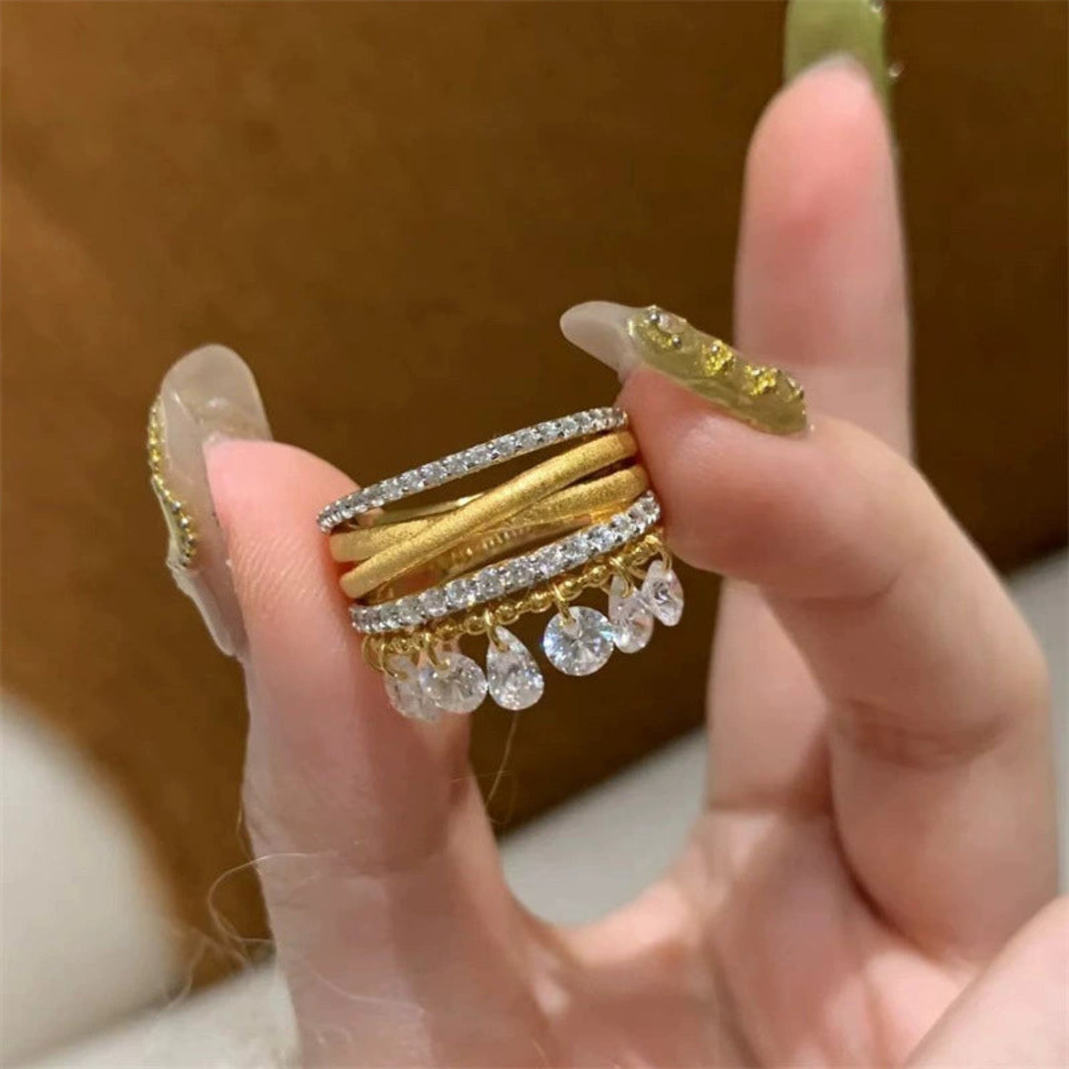 Gold Multi-Strand Crystal Tassel Ring JLTR0671