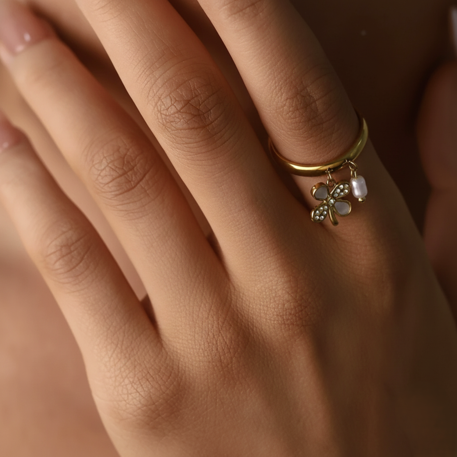 Gold Butterfly and Pearl Charm Ring JLTR0677