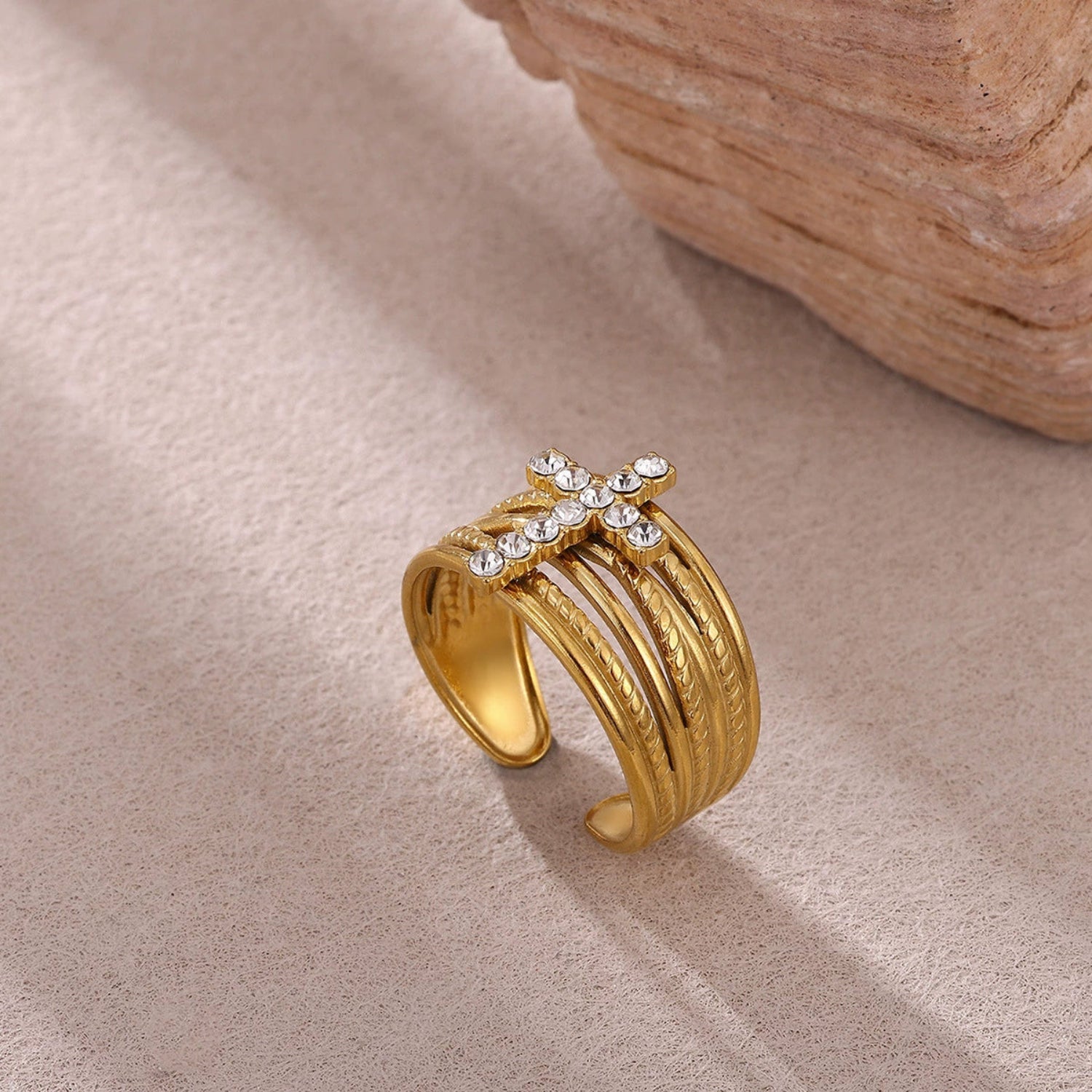 Crystal Cross Multi-Layer Gold Ring JLTR0692
