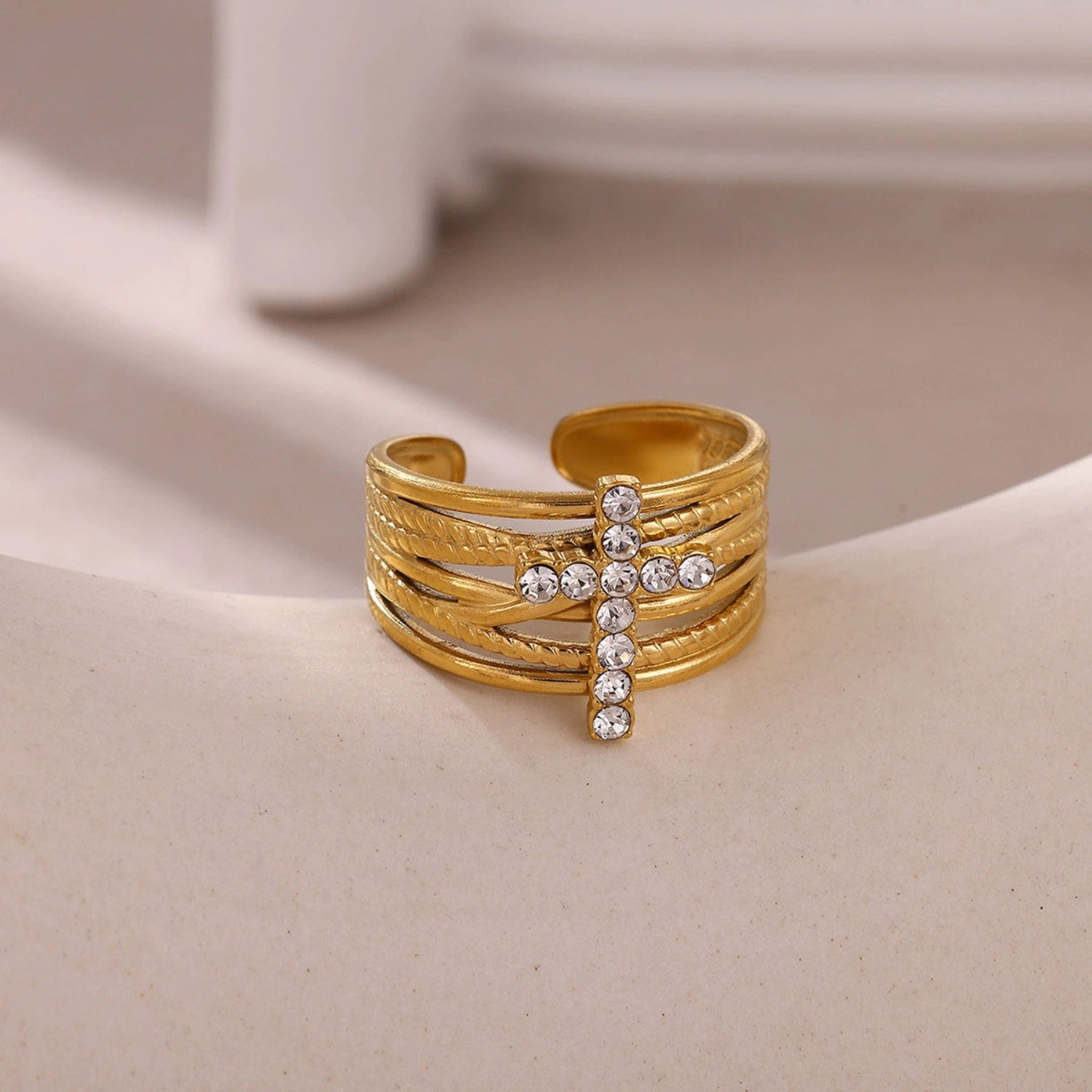 Crystal Cross Multi-Layer Gold Ring JLTR0692