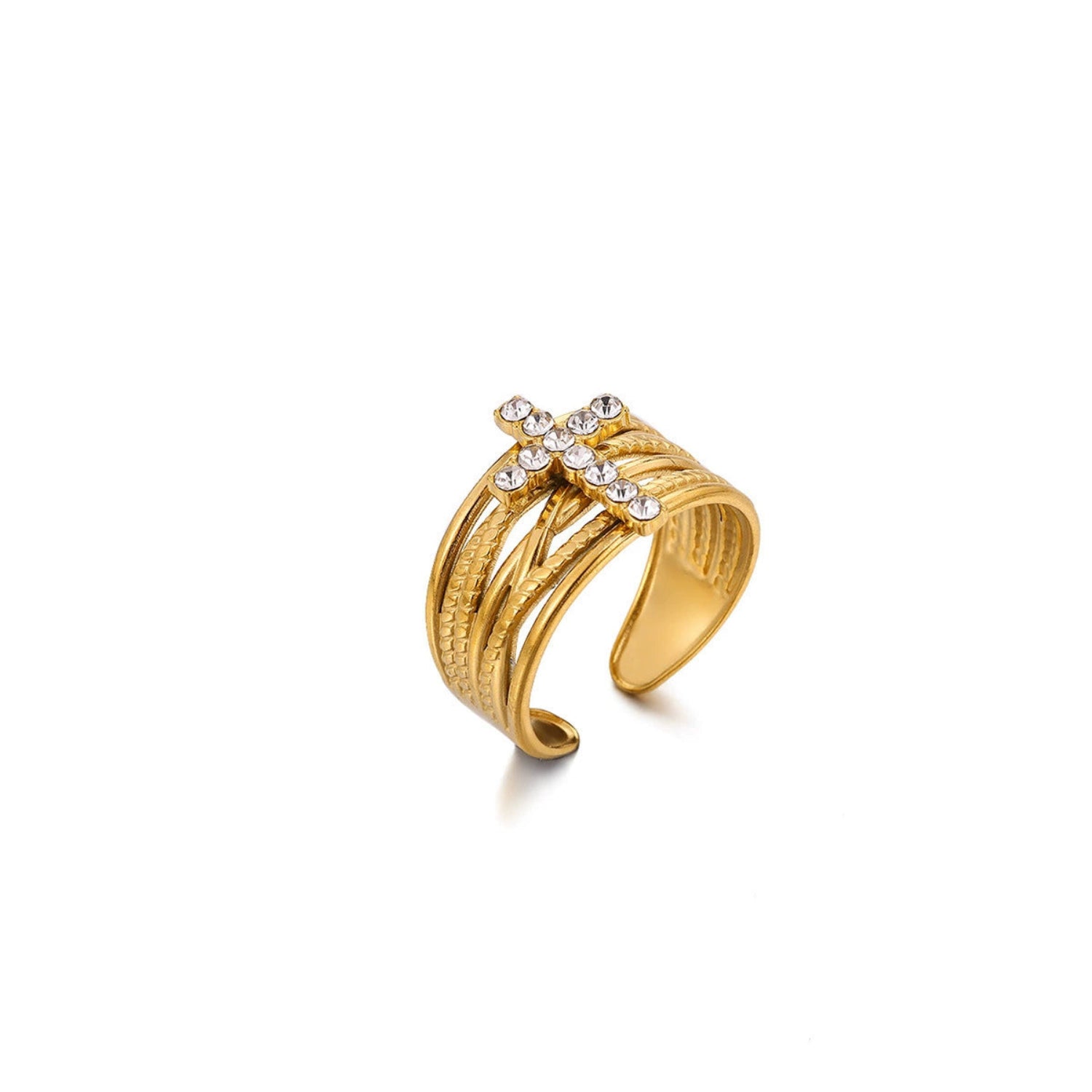 Crystal Cross Multi-Layer Gold Ring JLTR0692