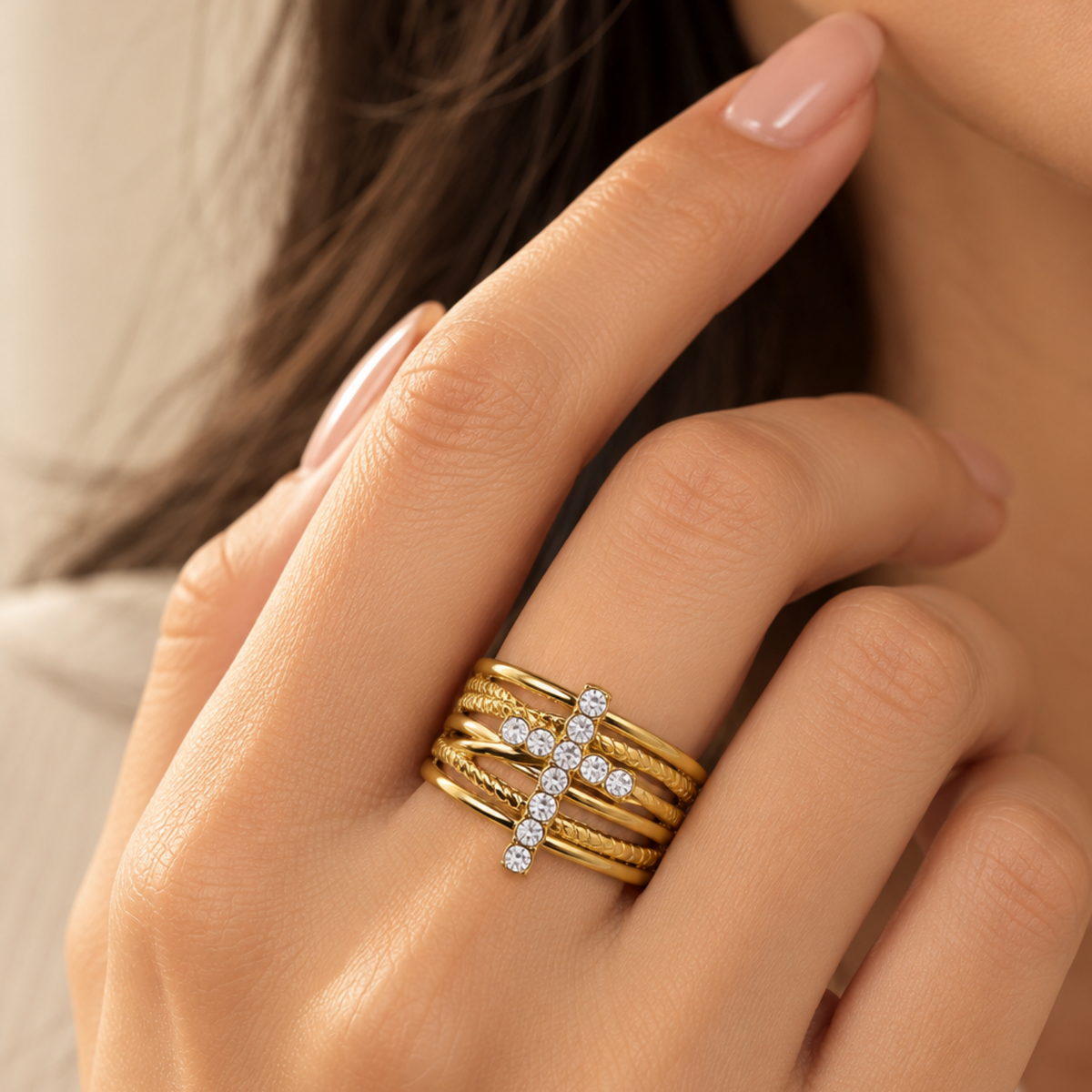 Crystal Cross Multi-Layer Gold Ring JLTR0692
