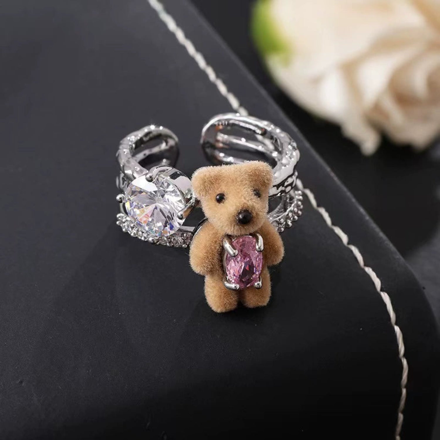 Fluffy Teddy Bear Crystal Ring JLTR0701