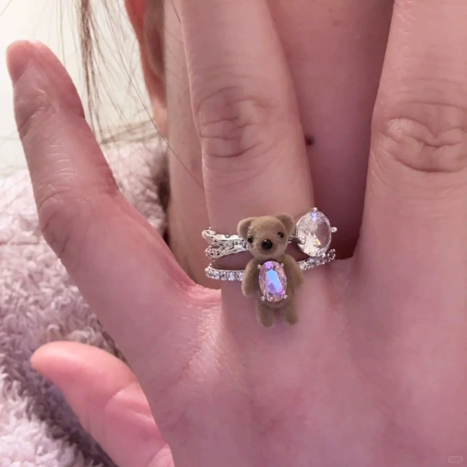 Fluffy Teddy Bear Crystal Ring JLTR0701