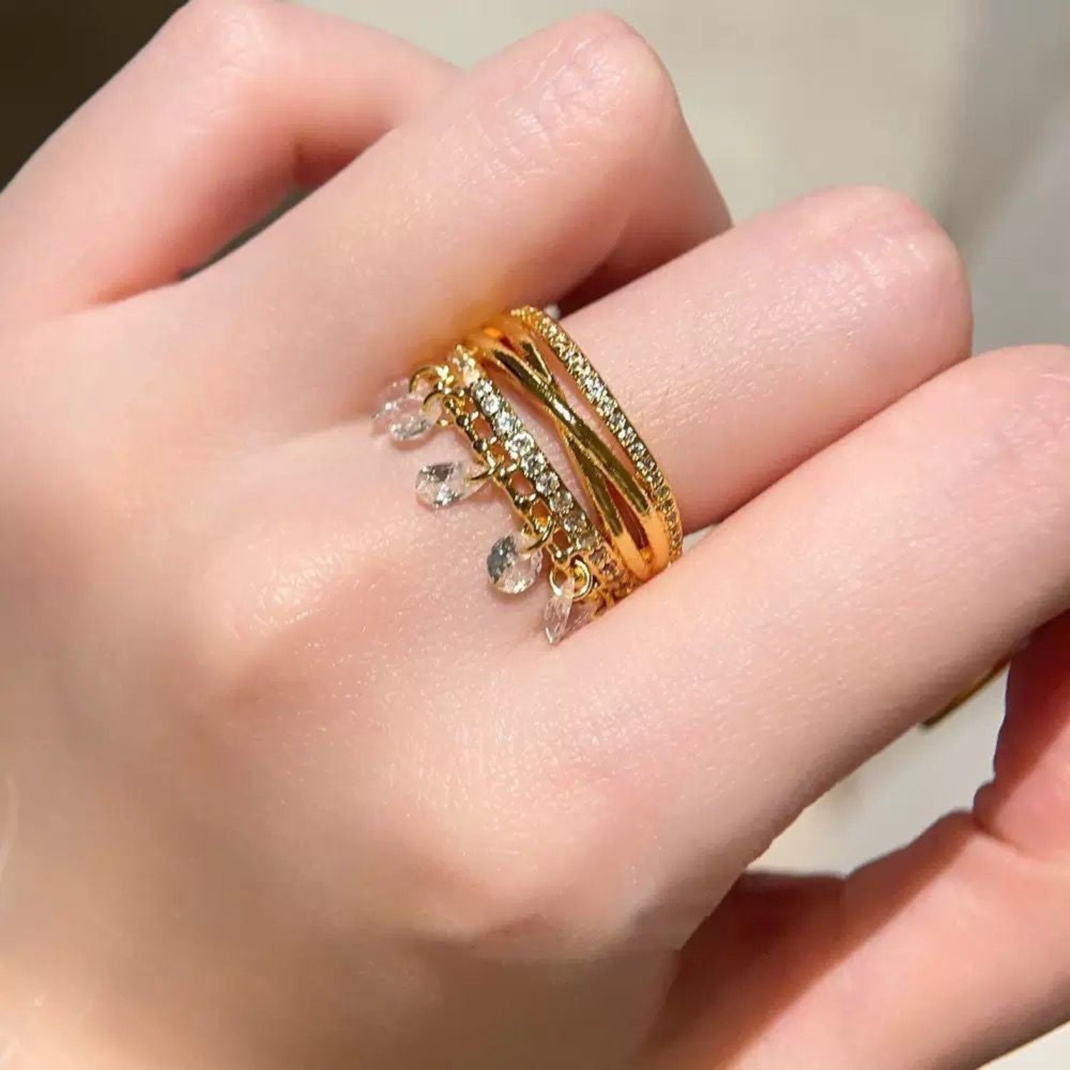 Gold Crystal Multi-Layer Drip Ring JLTR0703