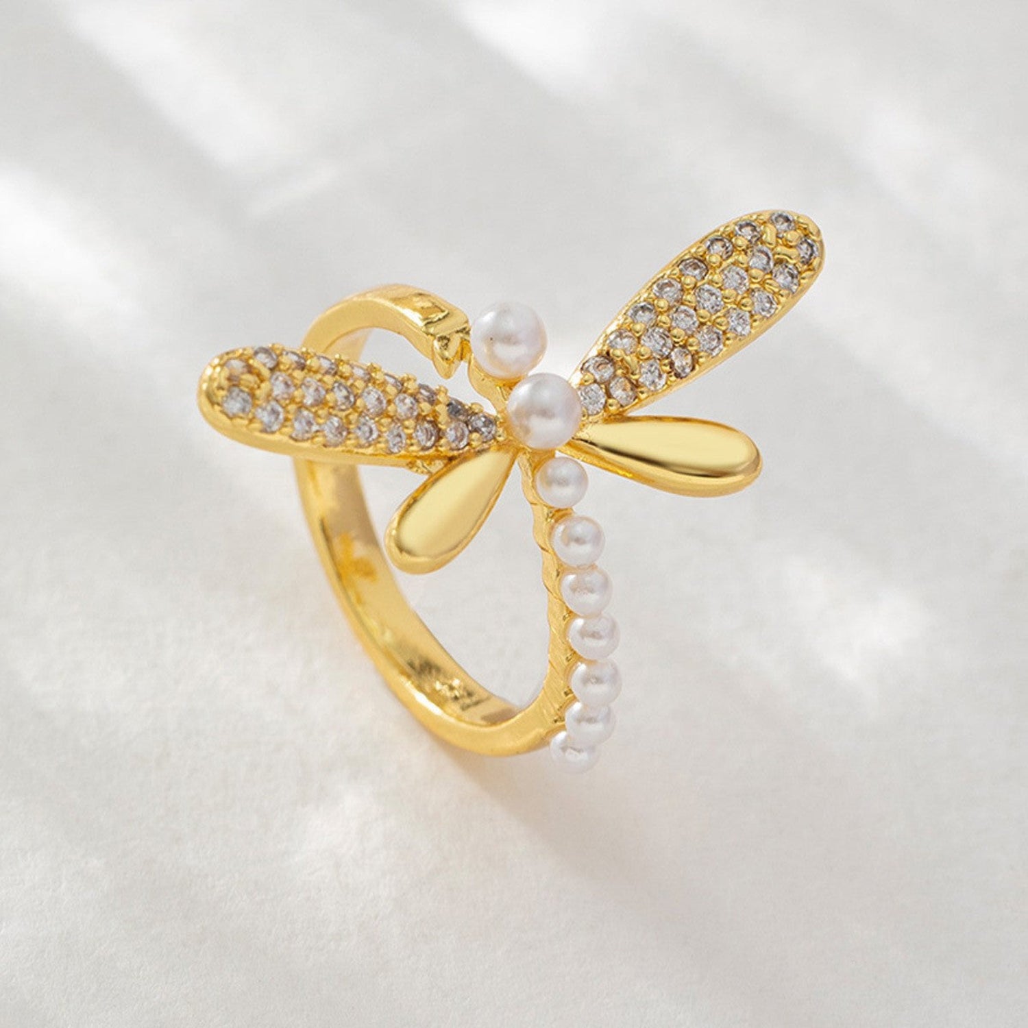 Gold Dragonfly Pearl Crystal Ring JLTR0712