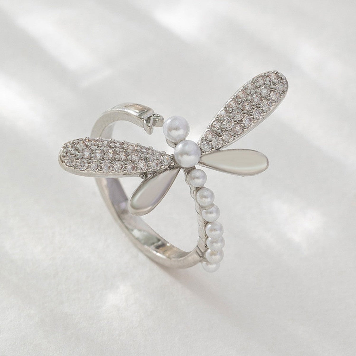 Silver Dragonfly Pearl Crystal Ring JLTR0713