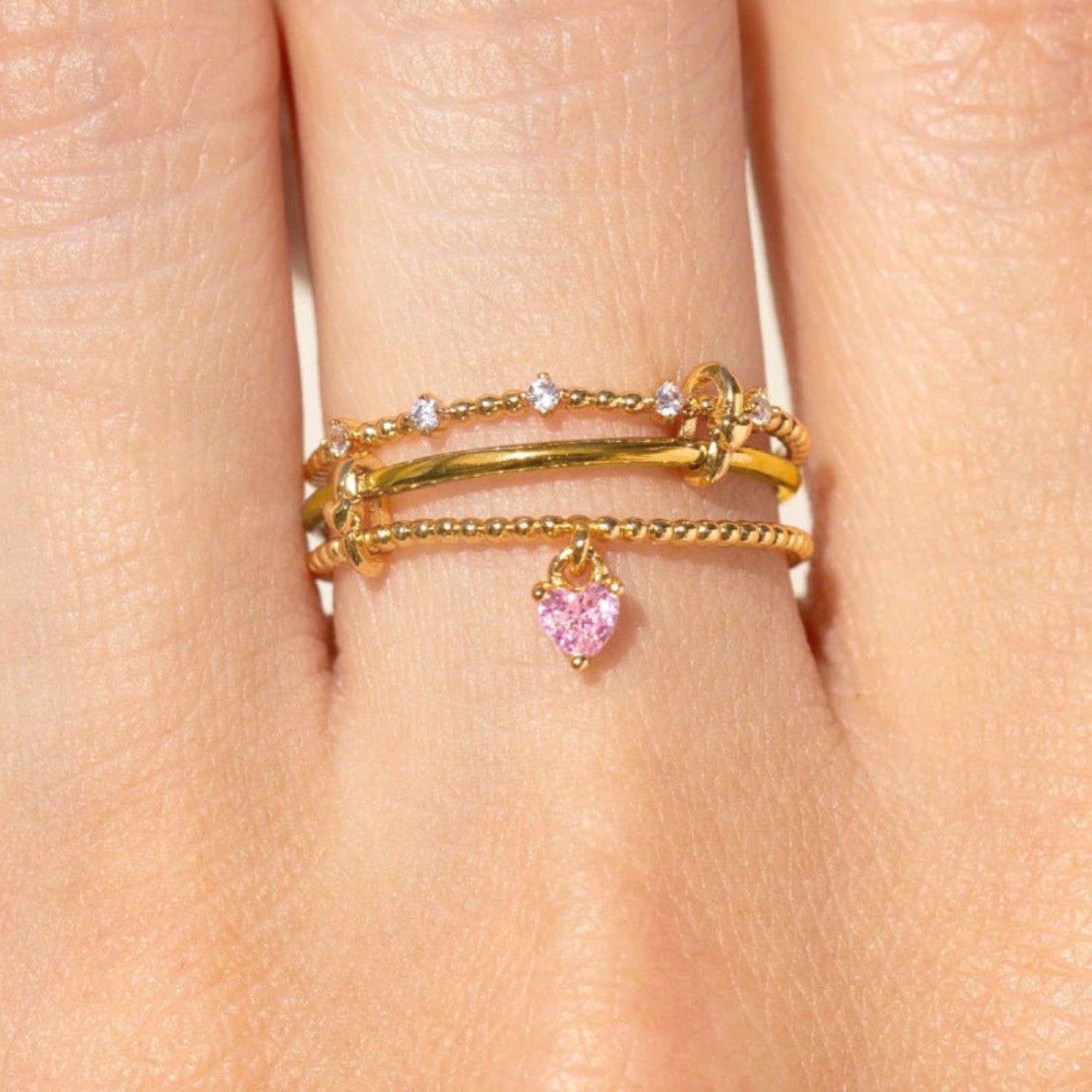 Gold Pink Heart Charm Ring JLTR0738