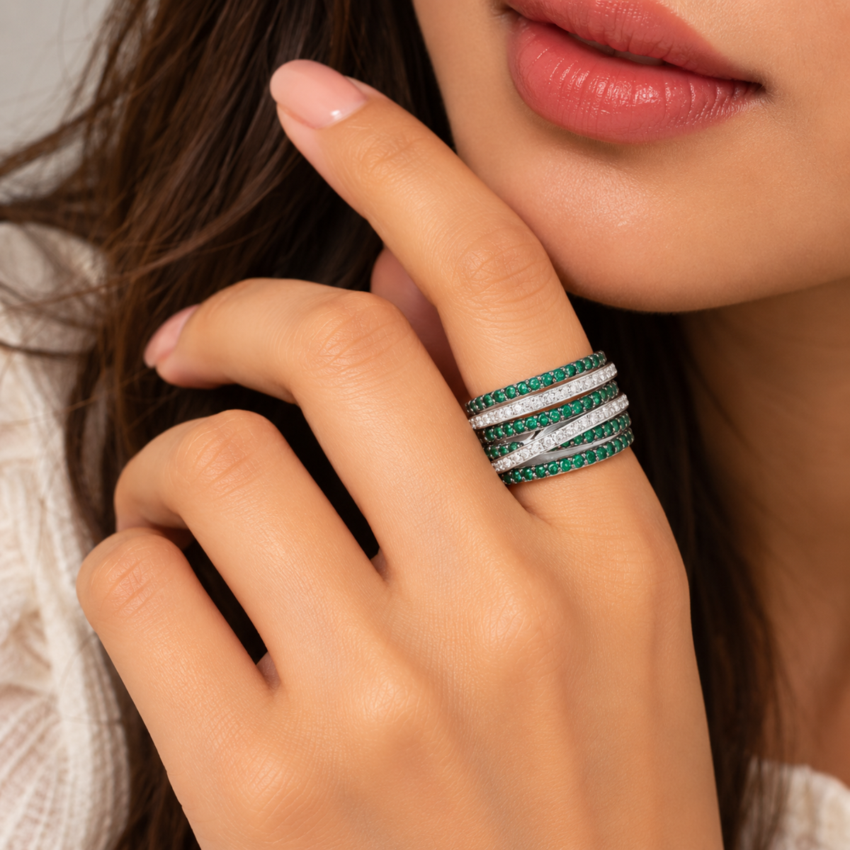 Silver Green Crystal Wrap Ring JLTR0739