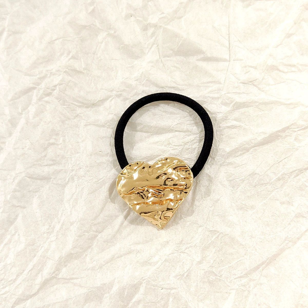 Crushed Heart Textured Golden Hair Tie – Molten Metallic Elastic JLTS0551