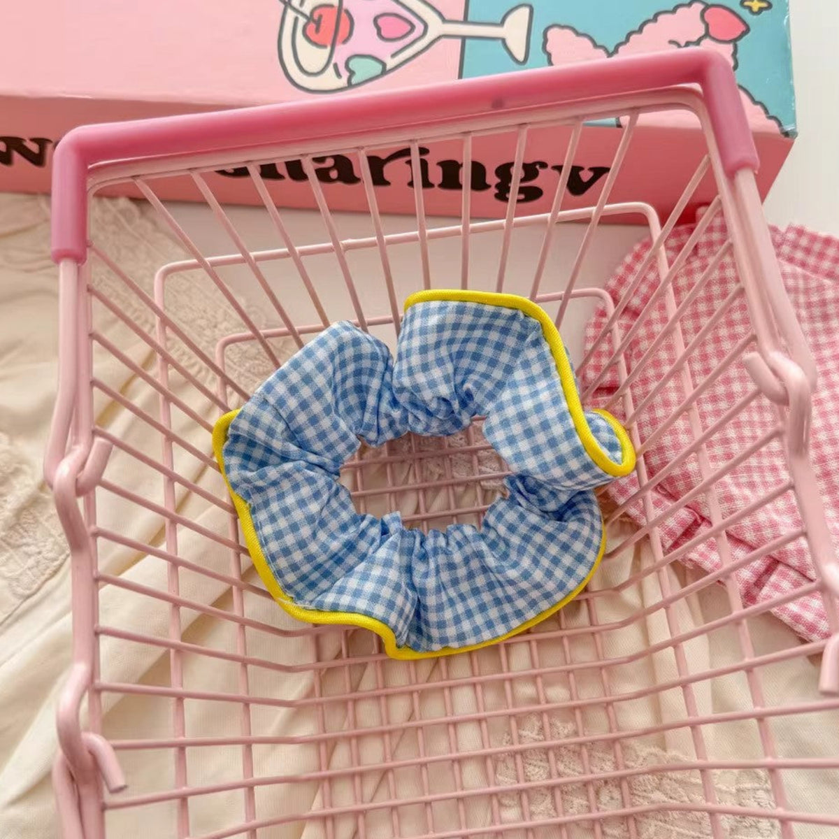 Blue Gingham Scrunchie with Yellow Contrast Trim JLTS0583