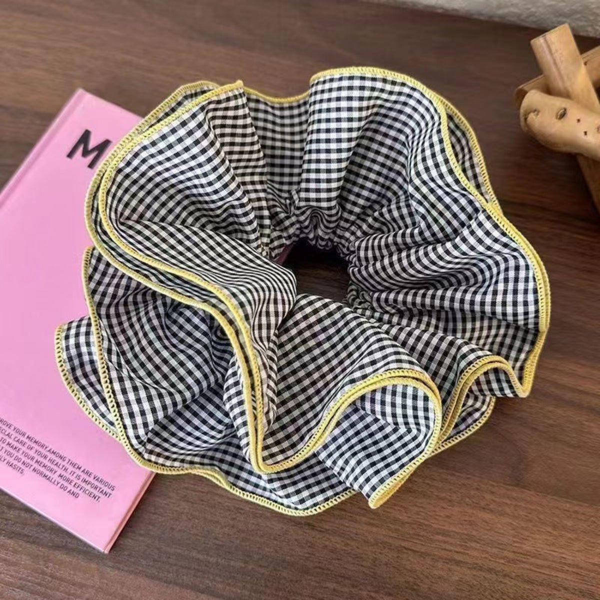 Black and White Gingham Scrunchie with Yellow Contrast Trim JLTS0584