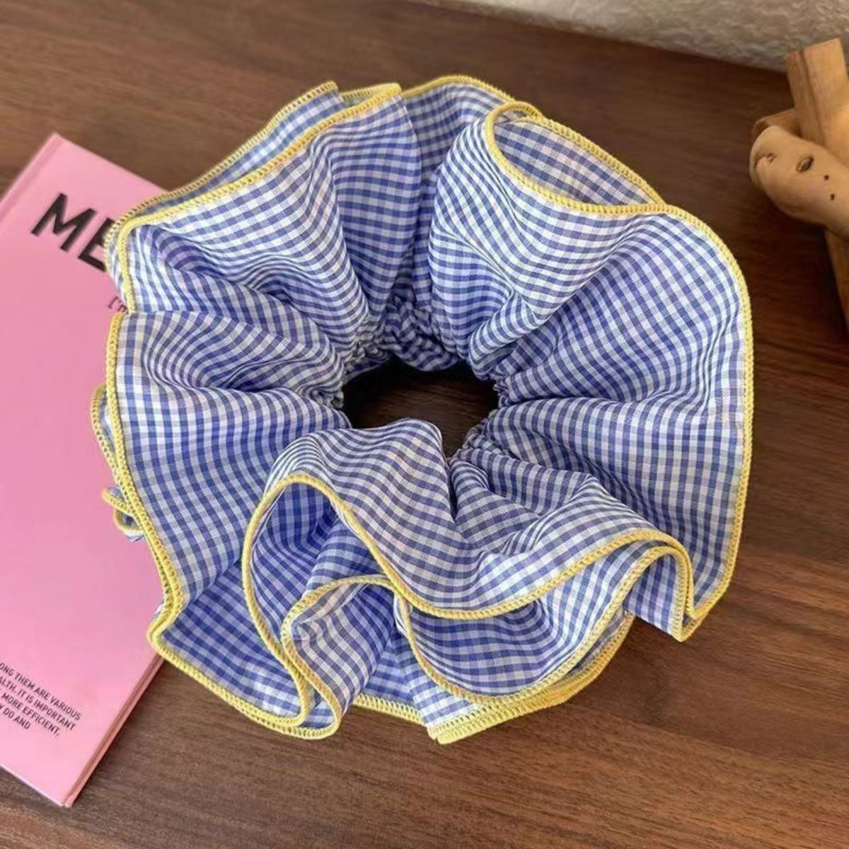 Blue Gingham Scrunchie with Yellow Contrast Trim JLTS0585