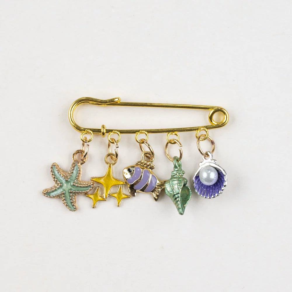 Just Lil Things Ocean Charm Saree Pin – Gold Color Pin with Starfish, Shell & Sea-Inspired Danglers JLTSP0002