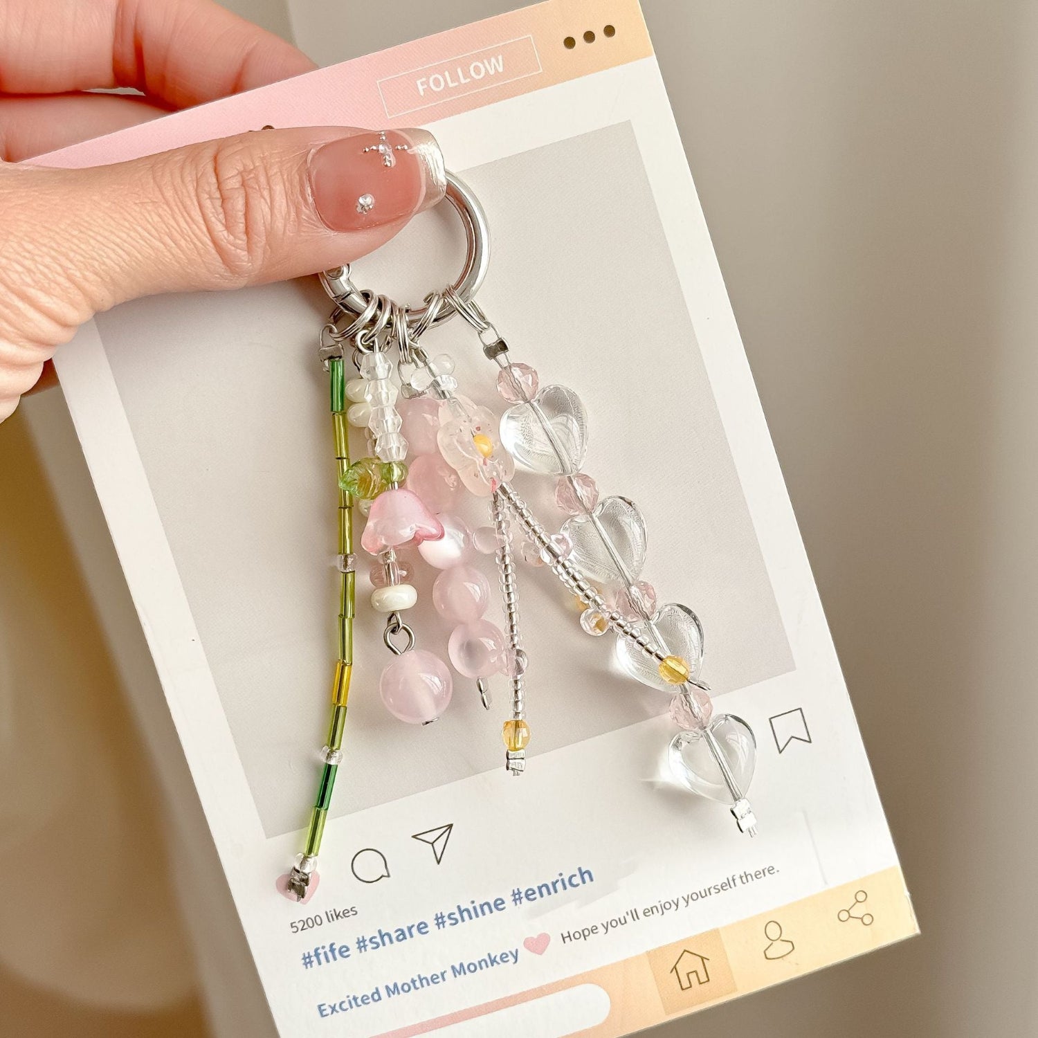 Pink and Green Beaded Keychain MWK0018