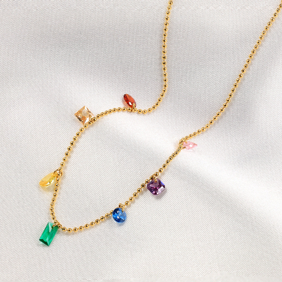 Gold Beaded Necklace with Multi-Color Gemstone Charms-jltn0680