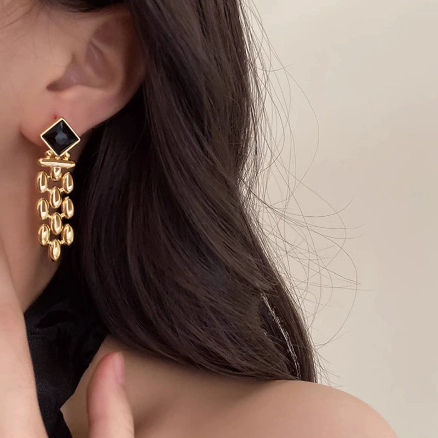 Gold Link Tassel Earrings with Onyx Black Studs JLT13653