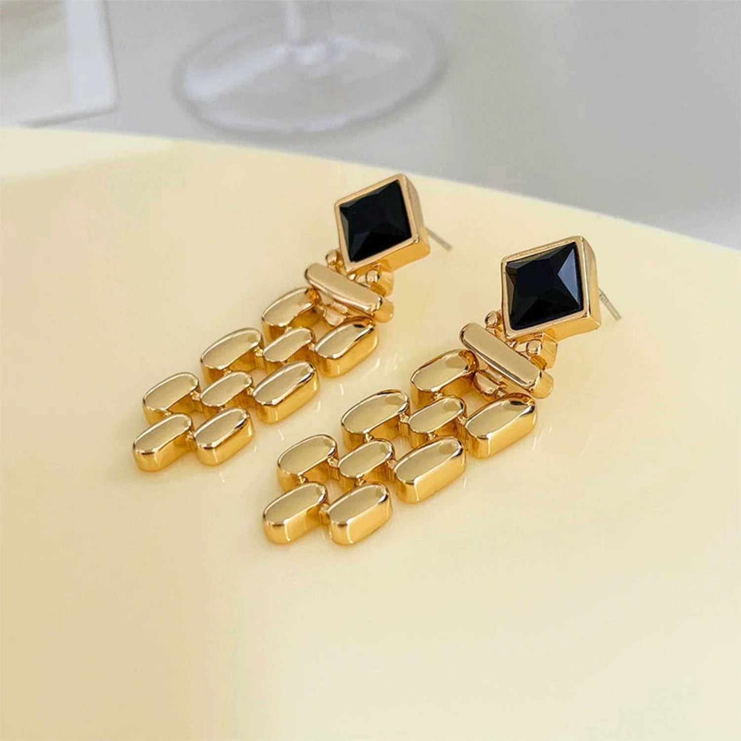Gold Link Tassel Earrings with Onyx Black Studs JLT13653