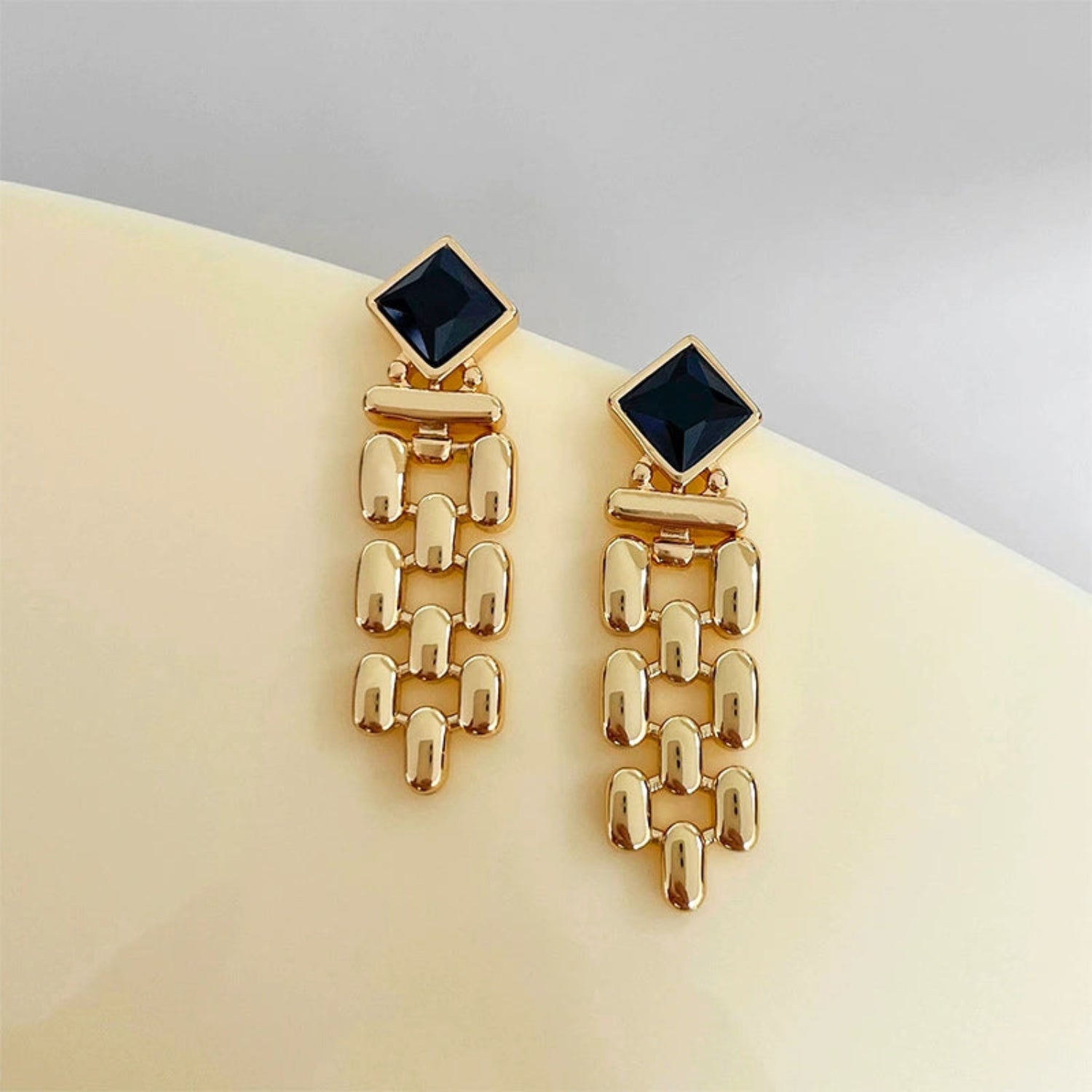 Gold Link Tassel Earrings with Onyx Black Studs JLT13653