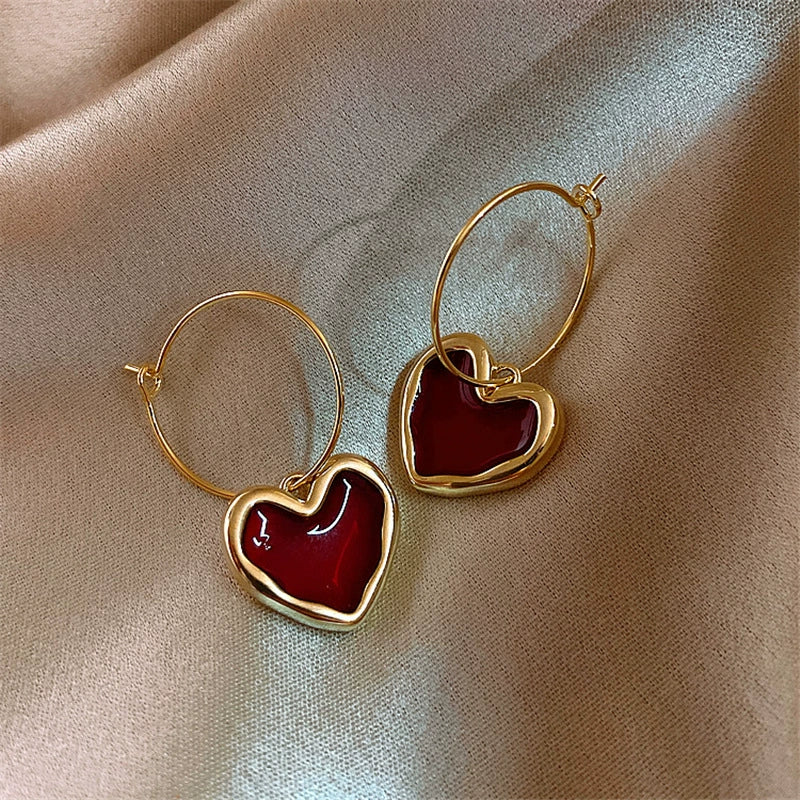 Mystical Heart Hoop Earrings with Red Enamel jlt11627
