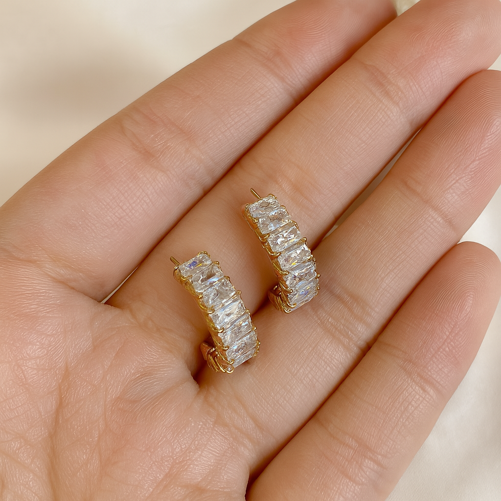 Gold Hoop Earrings with Baguette-Cut Crystals jlt11723