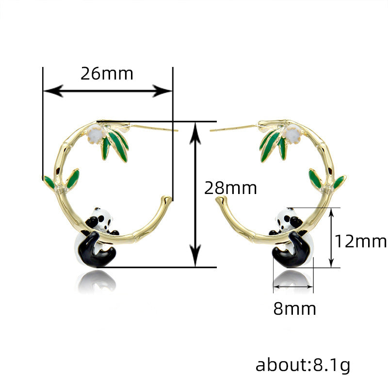 Panda Hanging Bamboo Gold Hoop Earrings JLT12782