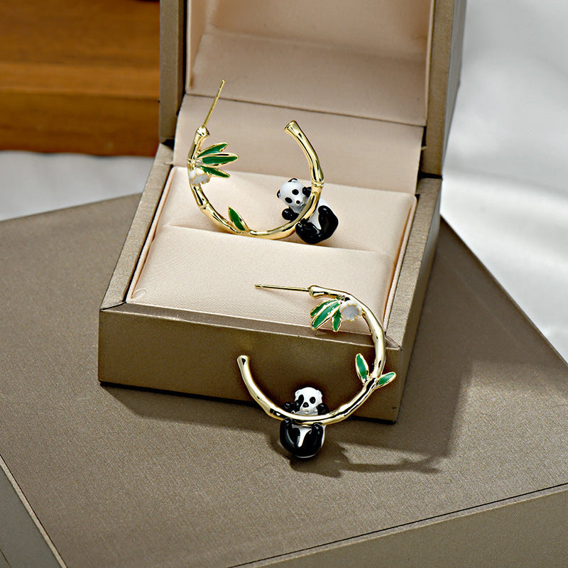 Panda Hanging Bamboo Gold Hoop Earrings JLT12782