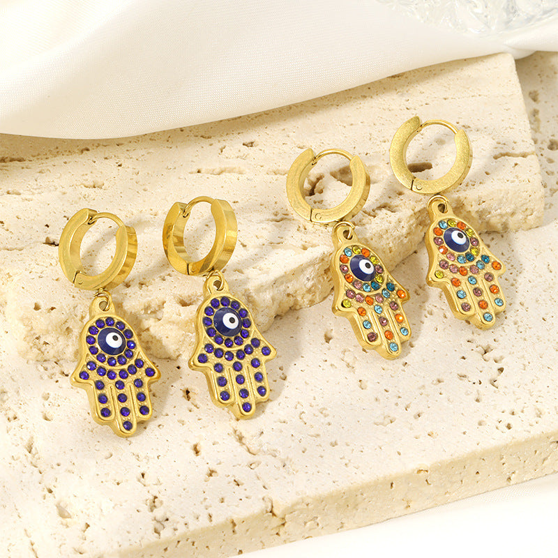 Evil Eye Hand Multicolor Huggie Earrings JLT12784