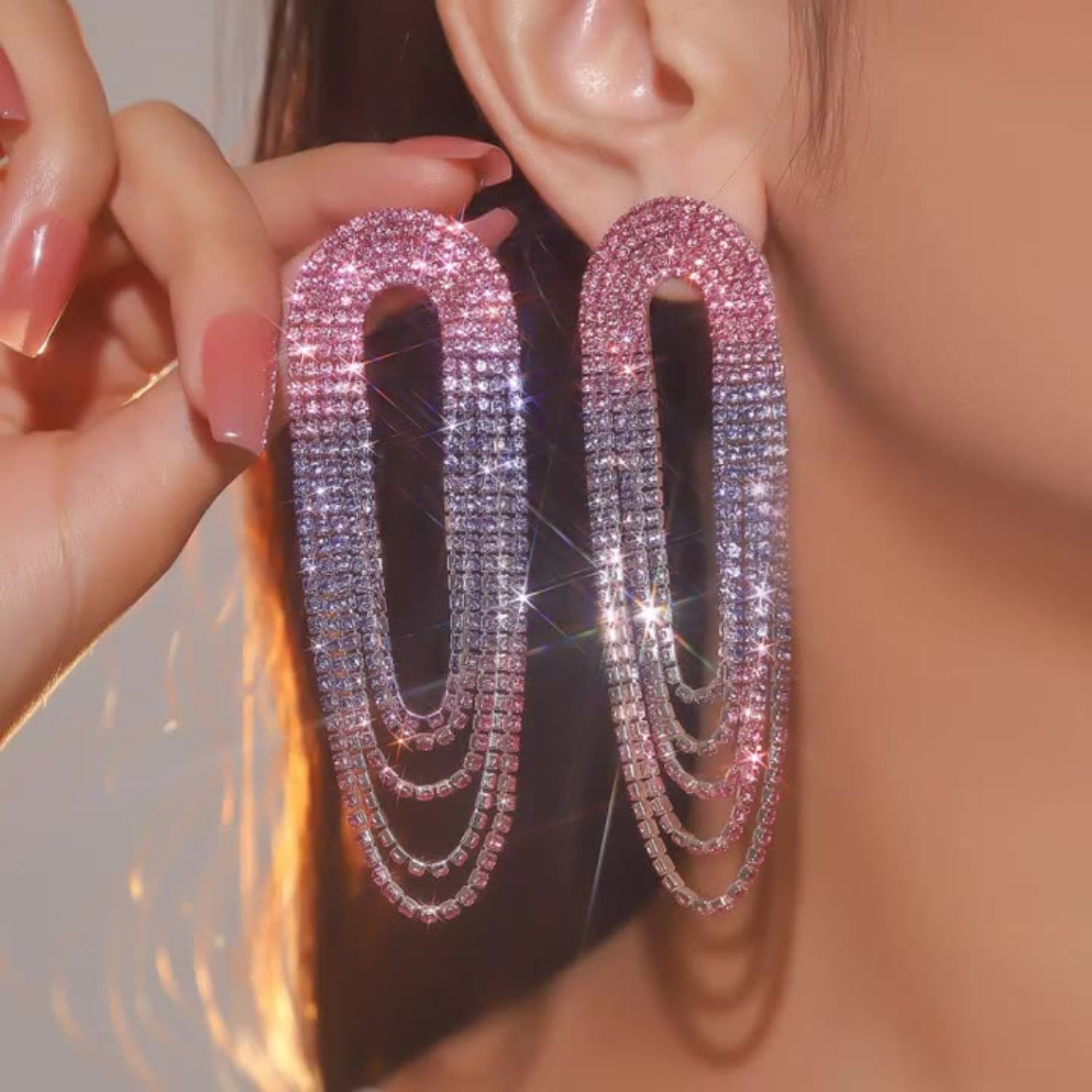 Crystal Tassel Rhinestone Tricolor Dangle Pin Earrings JLT12811