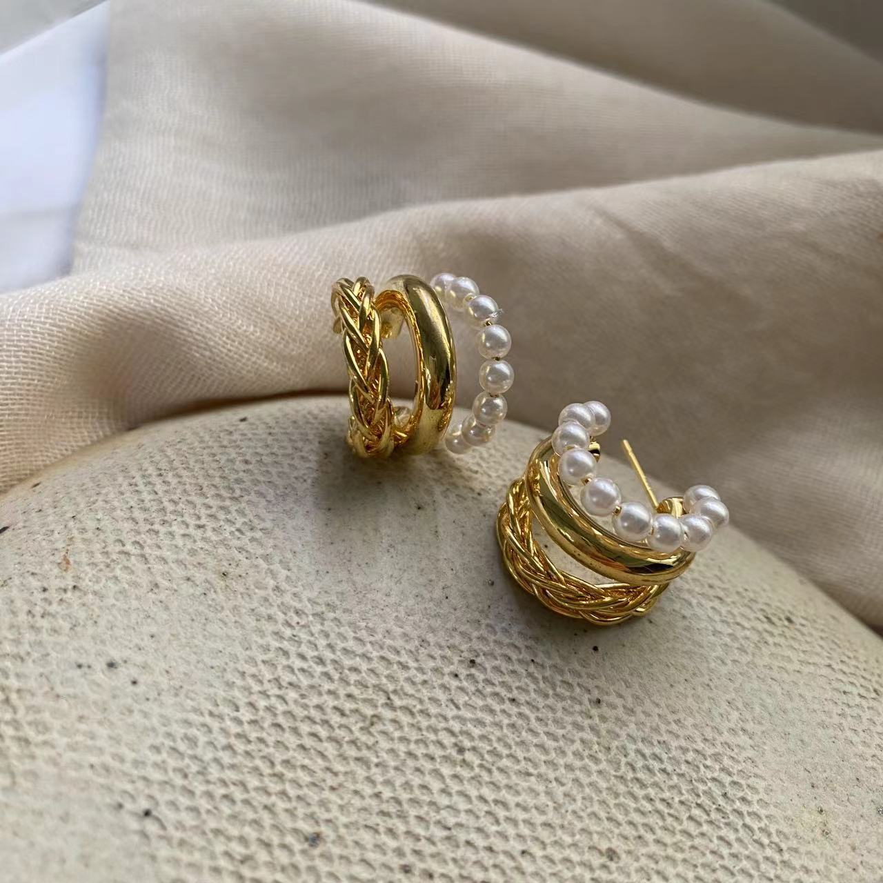 pearl gold triple layer hoop bali earrings jlt13133