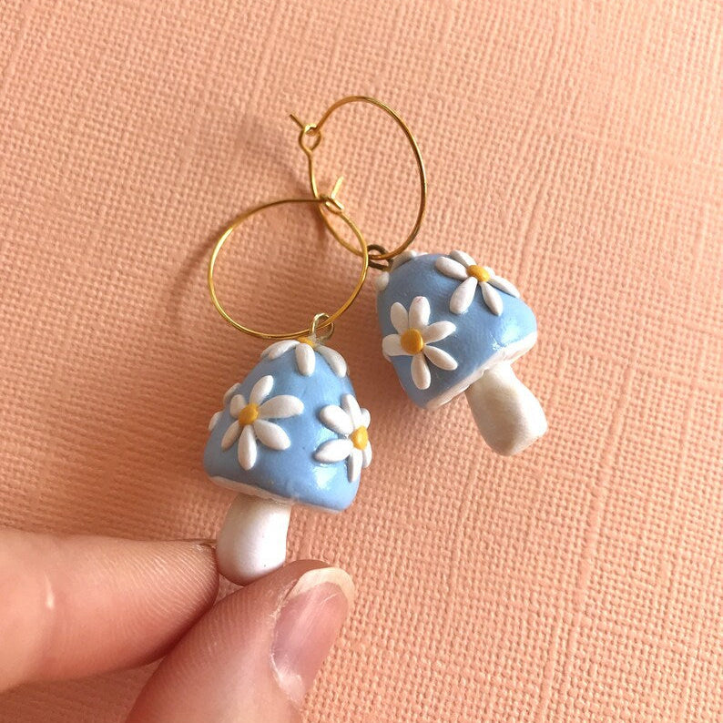 Sky blue colored tiny white floral mushroom hoop earrings jlt13179