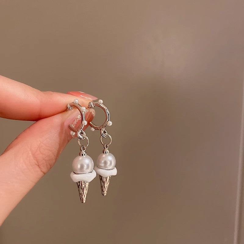 silver needle pearl crisp cone ice cream earrings jlt13243