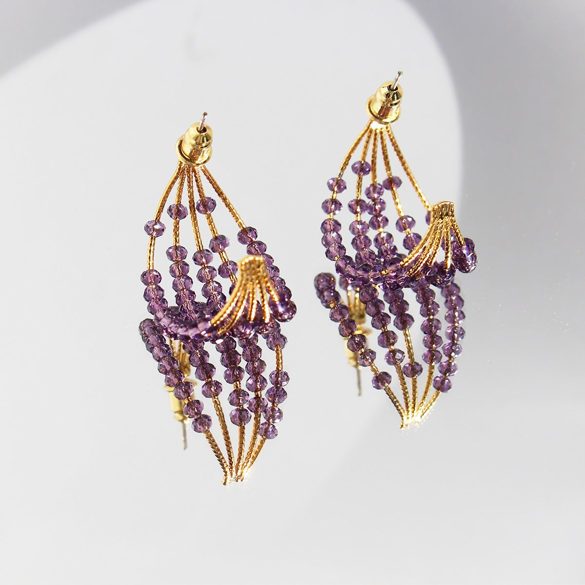 beaded purple crysta multi-layer C-shaped earrings jlt13254
