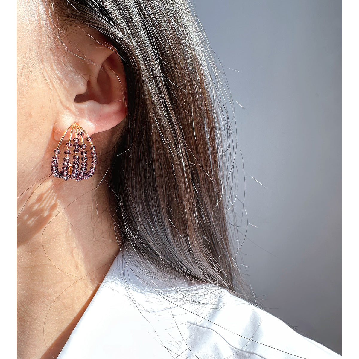 beaded purple crysta multi-layer C-shaped earrings jlt13254
