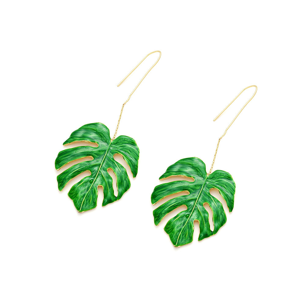 fresh and simple long alloy oil drop leaf earrings hollow monstera leaf earrings jlt13275