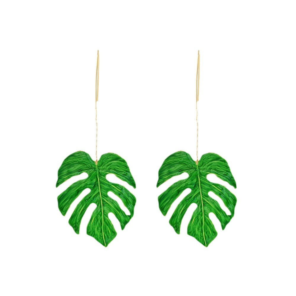 fresh and simple long alloy oil drop leaf earrings hollow monstera leaf earrings jlt13275