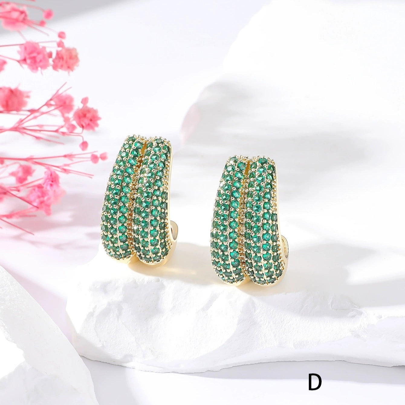 Just Lil Things Emerald Pink Huggie Earrings Triple Row Dome Design jlt13304