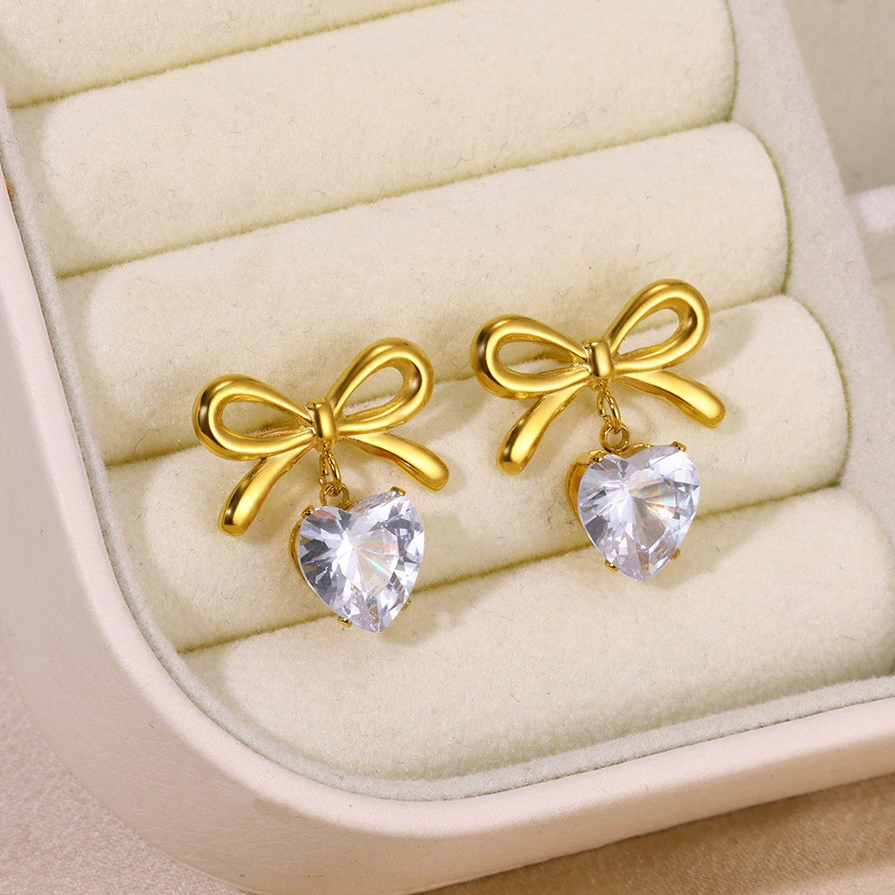 Just Lil Things Golden Bow & Heart Crystal Drop Earrings – Feminine Chic Design jlt13312