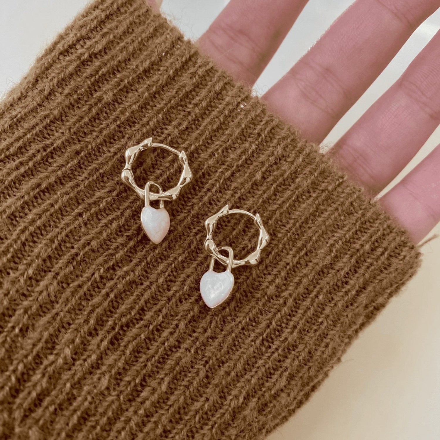 Just LIl Things Gold-Toned Textured Hoop Earrings with White Heart Charms jlt13322