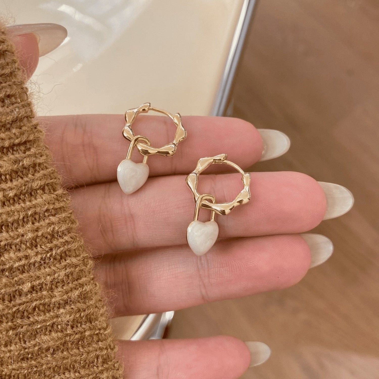Just LIl Things Gold-Toned Textured Hoop Earrings with White Heart Charms jlt13322