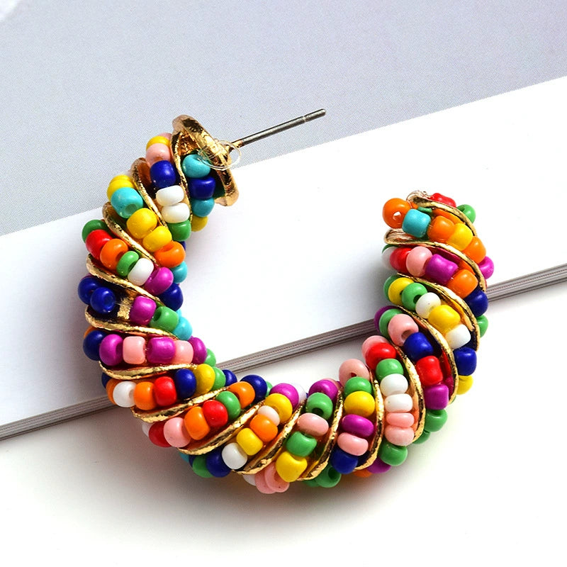 Just Lil Things Rainbow Beaded Half Hoop Earrings with Twisted Multicolor Design jlt13332