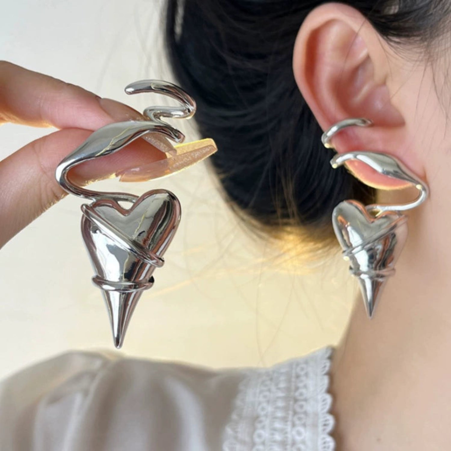 Just Lil Things Silver Sculpted Heart Wrap Earrings – Bold Curved Artistic Design jlt13336
