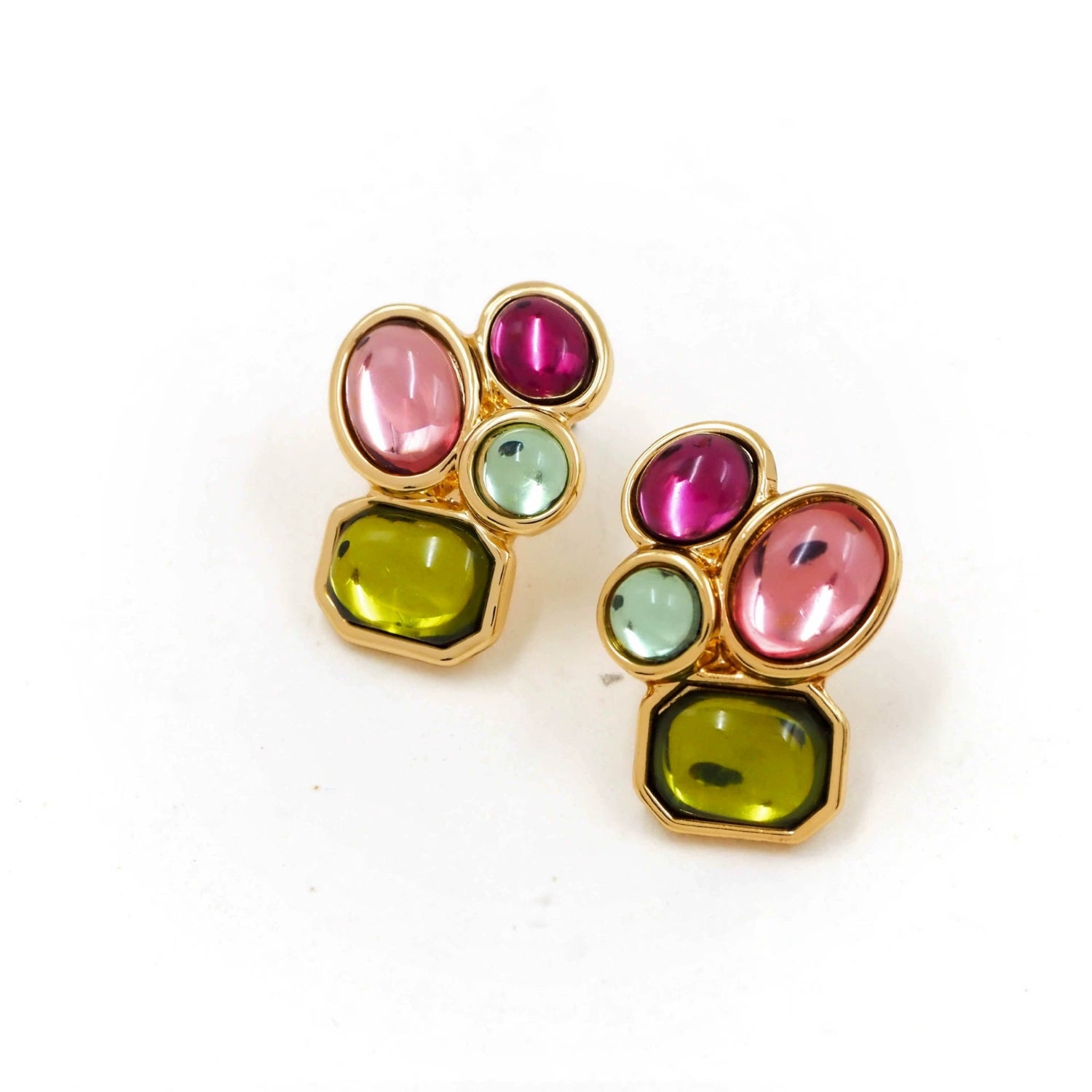 Just Lil Things Multicolor Stud Earrings – Pink, Green & Aqua Cabochon Design jlt13338
