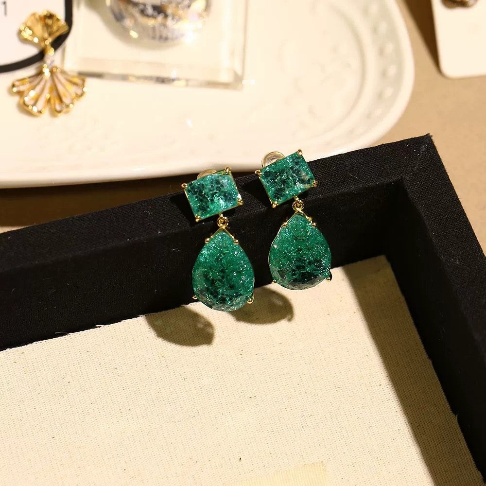 Just Lil Things Emerald Green Textured Drop Earrings with Gold Detailing jlt13343