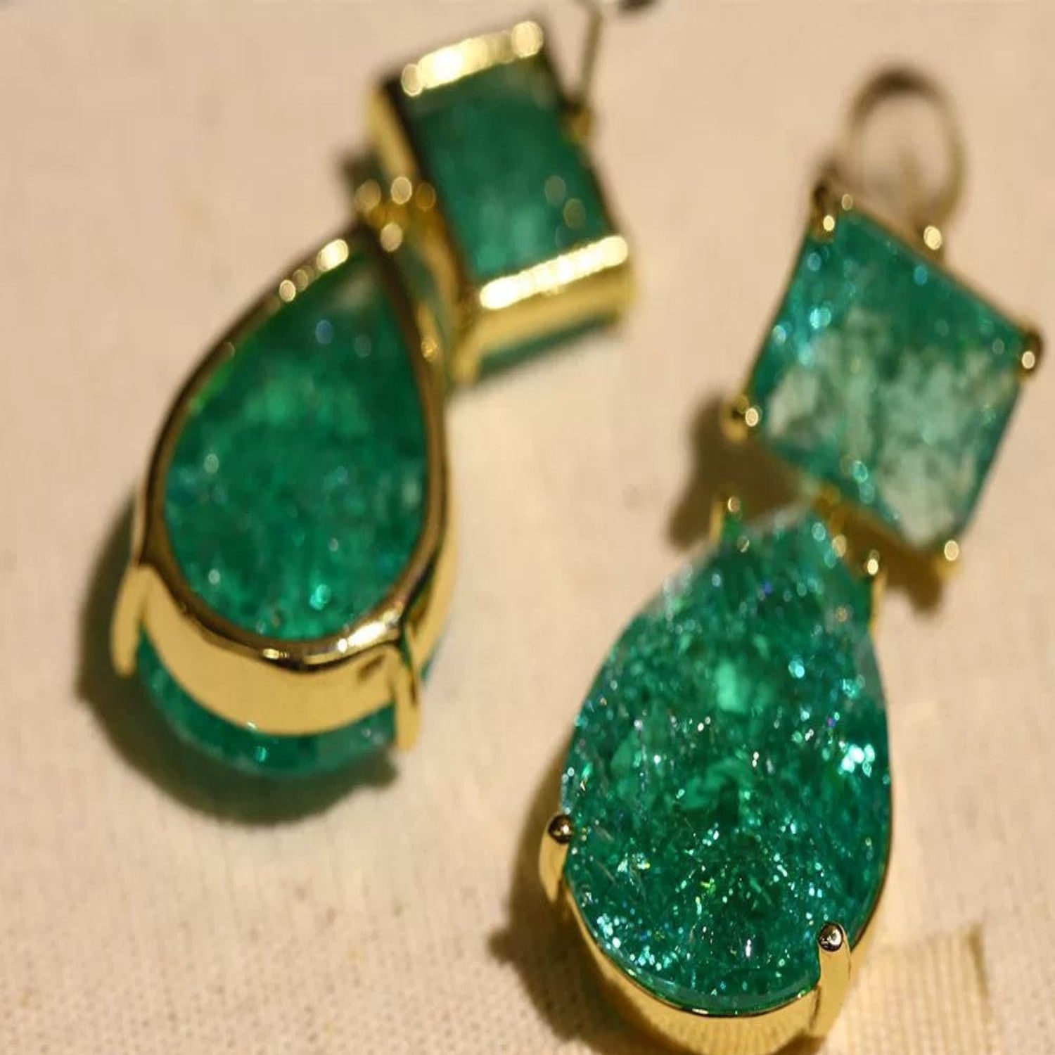 Just Lil Things Emerald Green Textured Drop Earrings with Gold Detailing jlt13343