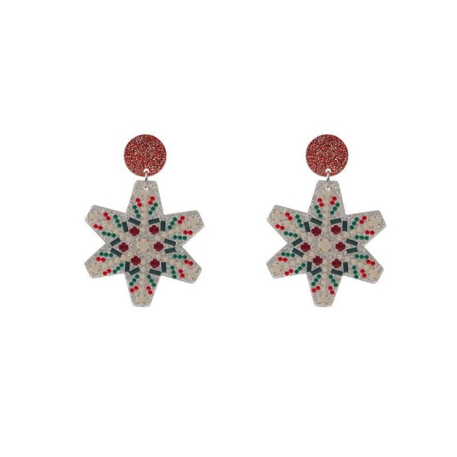 Just Lil Things Beaded Snowflake Earrings with Red Glitter Studs jlt13349