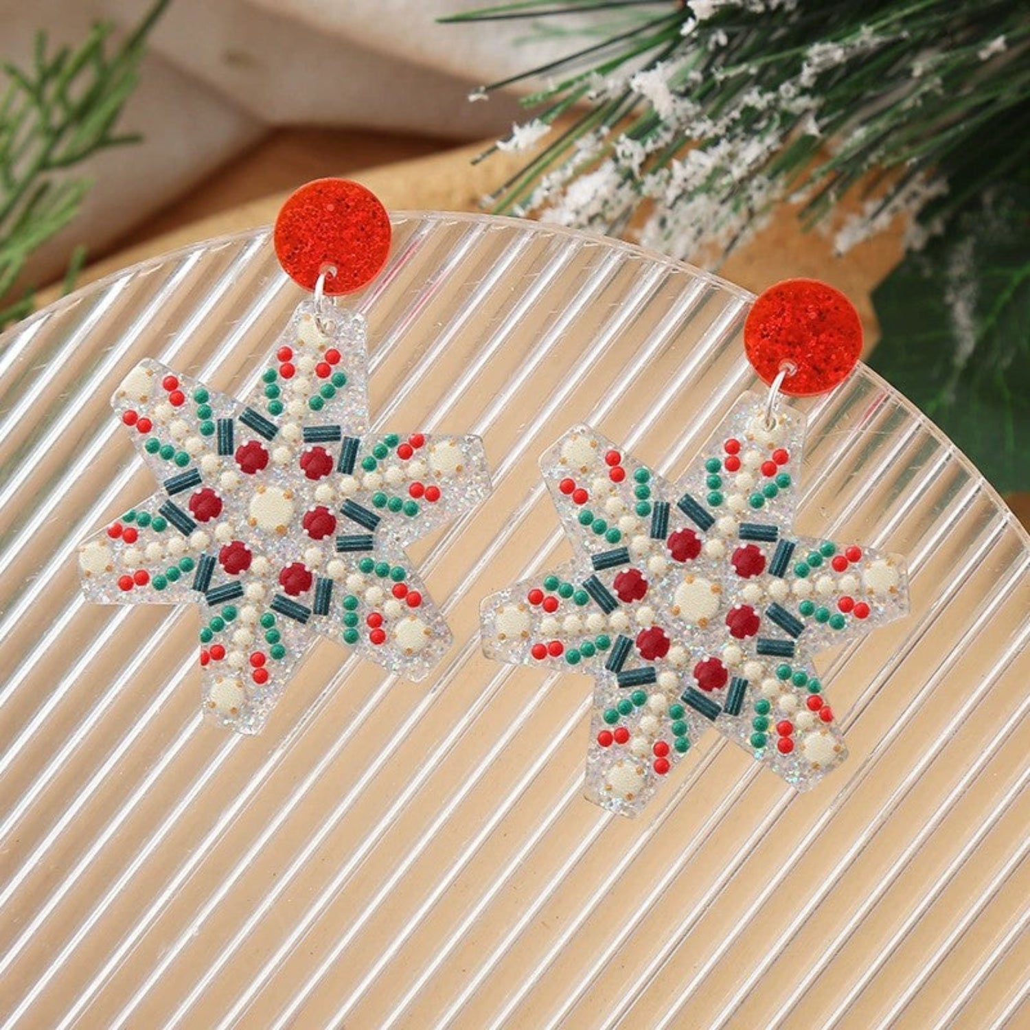 Just Lil Things Beaded Snowflake Earrings with Red Glitter Studs jlt13349